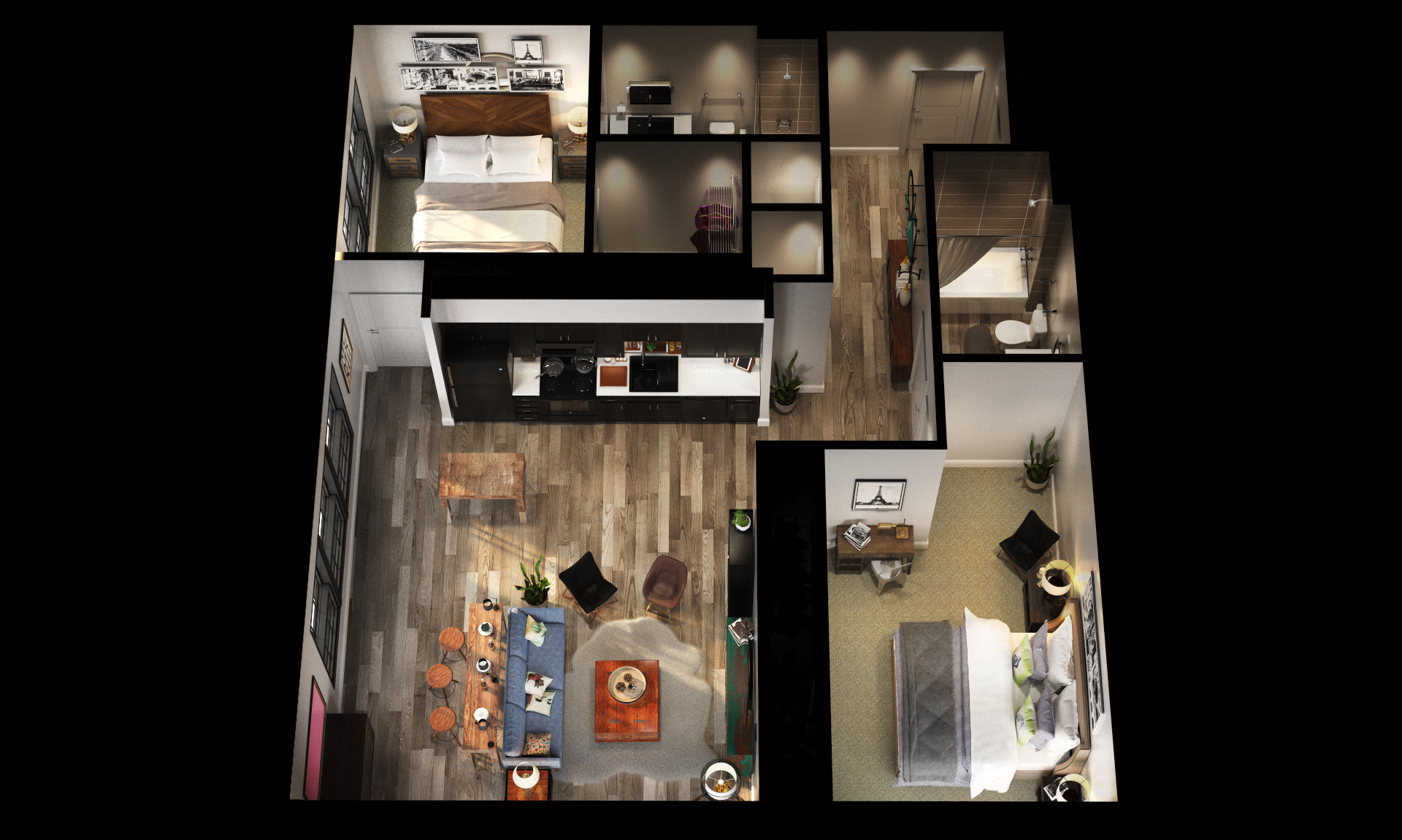 Floor plan for 2 beds, 2 baths, 1163 sqft